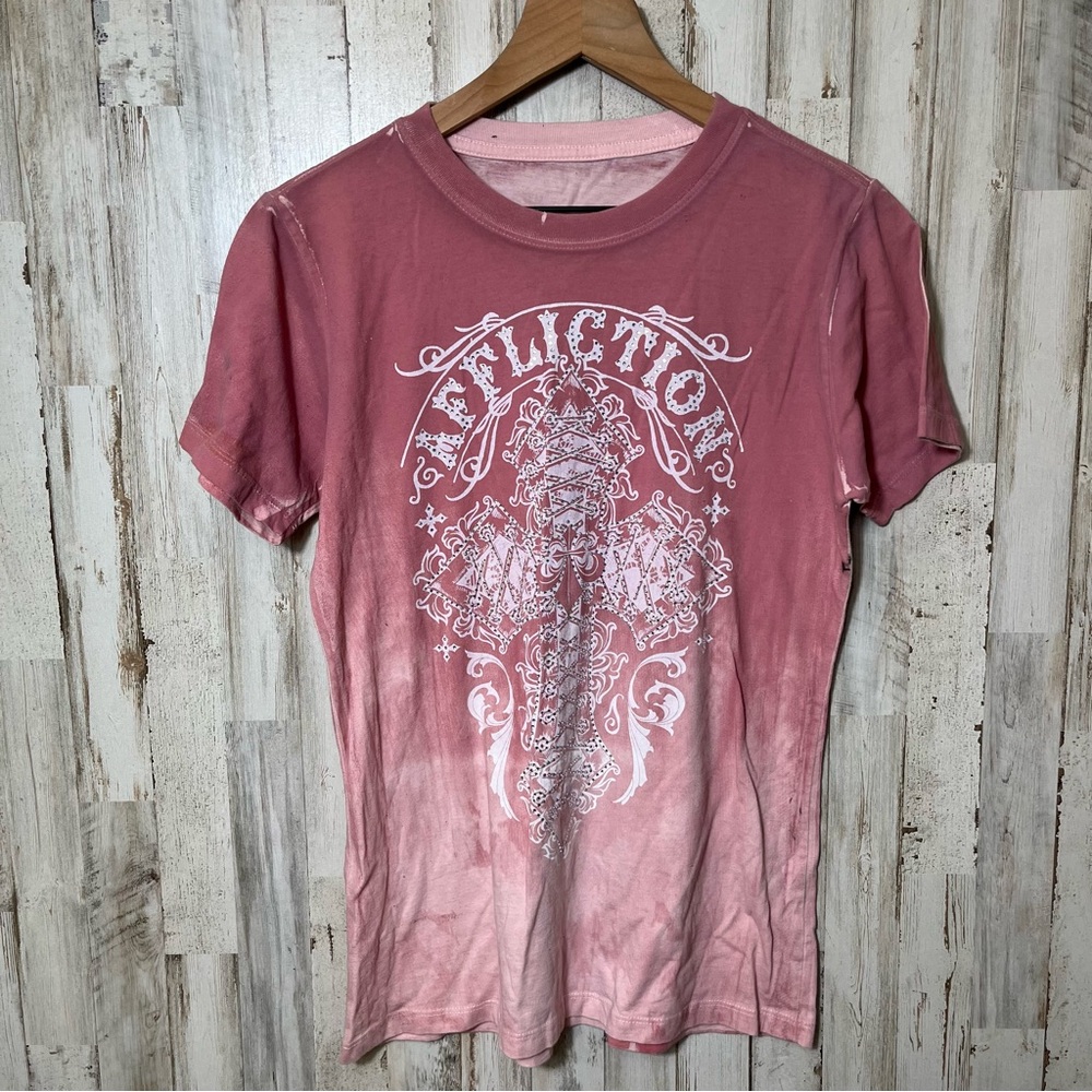 Y2K Affliction Pink White Rhinestone Grunge Painted‎ Thrashed Womens Medium